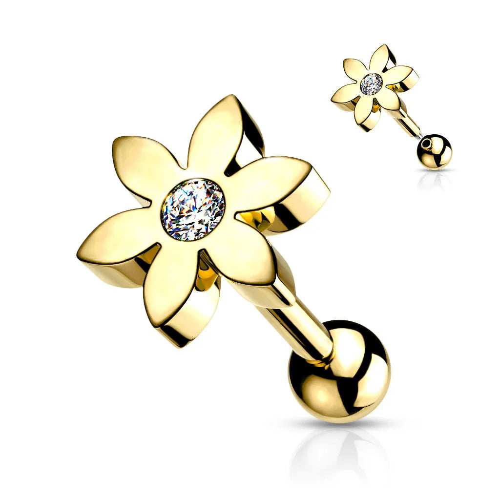 CUTE FLOWER WITH CRYSTAL CENTRE BARBELL STUD