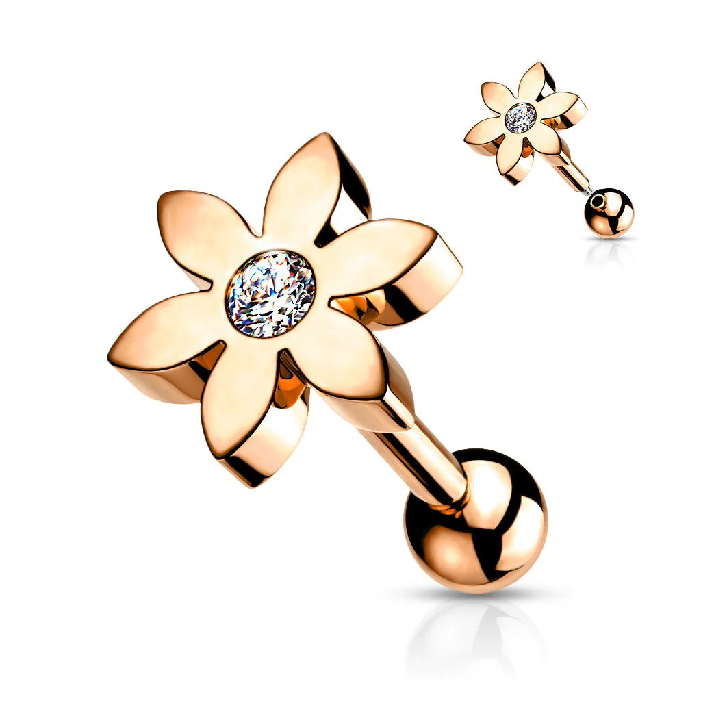 CUTE FLOWER WITH CRYSTAL CENTRE BARBELL STUD