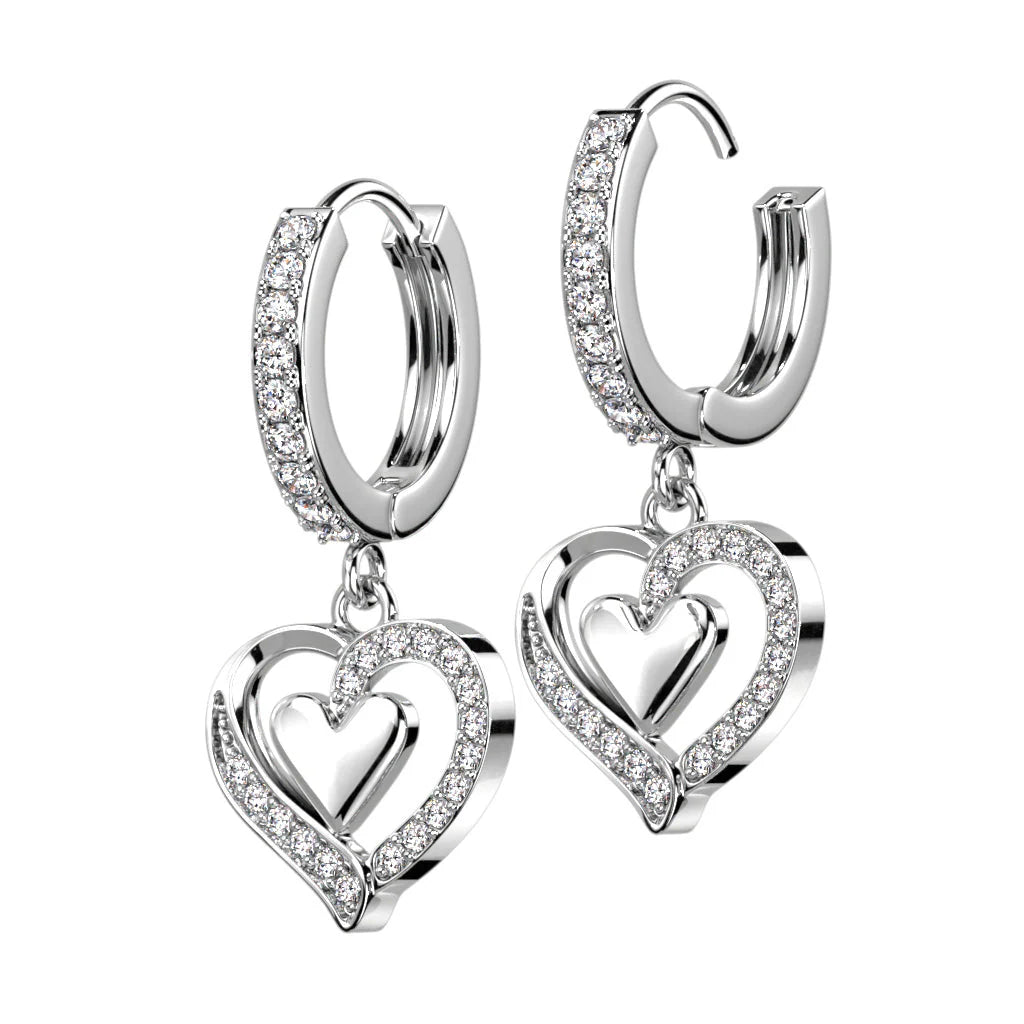 CRYSTAL DOUBLE LOVE HEART HOOP EARRINGS