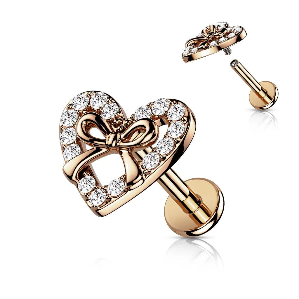 CRYSTAL LOVE HEART & RIBBON FLAT BACK LABRET STUD
