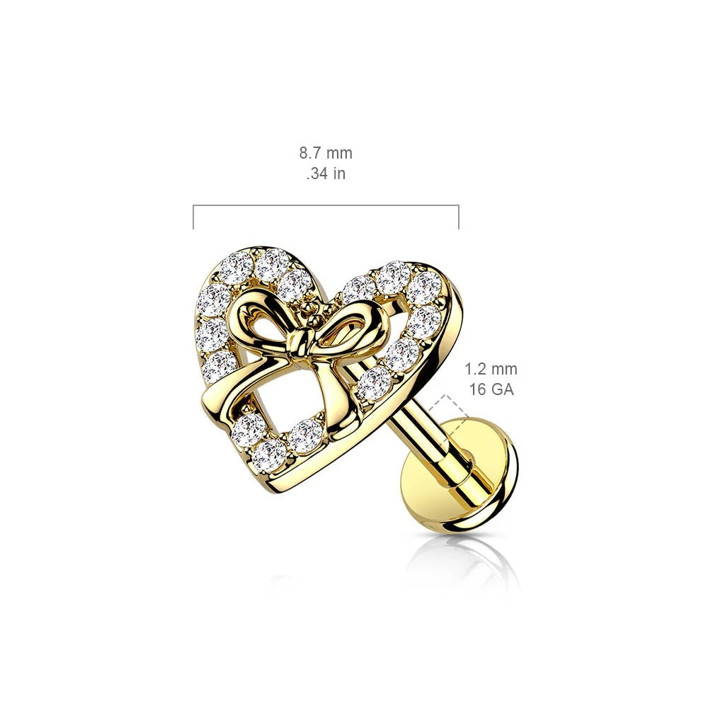 CRYSTAL LOVE HEART & RIBBON FLAT BACK LABRET STUD