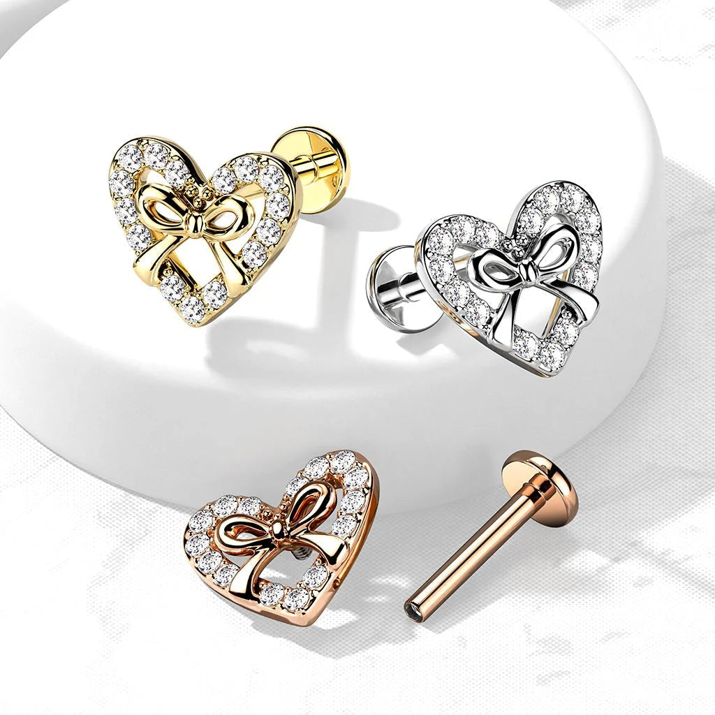 CRYSTAL LOVE HEART & RIBBON FLAT BACK LABRET STUD
