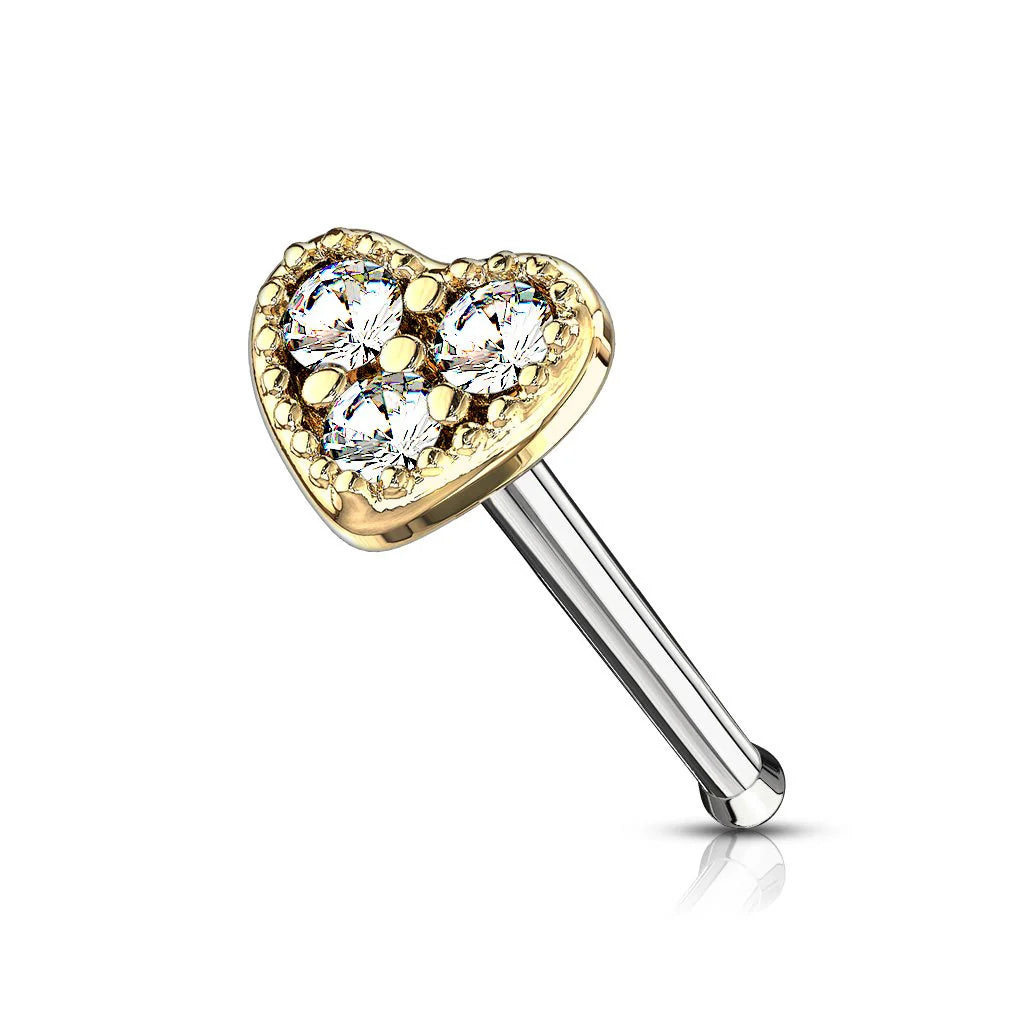 CUTE CRYSTAL FILLED LOVE HEART STRAIGHT PRONG NOSE STUD - 6MM