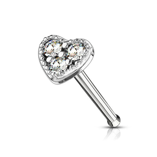 CUTE CRYSTAL FILLED LOVE HEART STRAIGHT PRONG NOSE STUD - 6MM