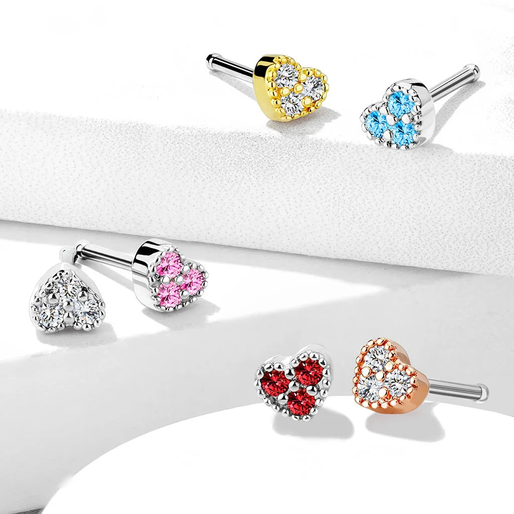 CUTE CRYSTAL FILLED LOVE HEART STRAIGHT PRONG NOSE STUD - 6MM