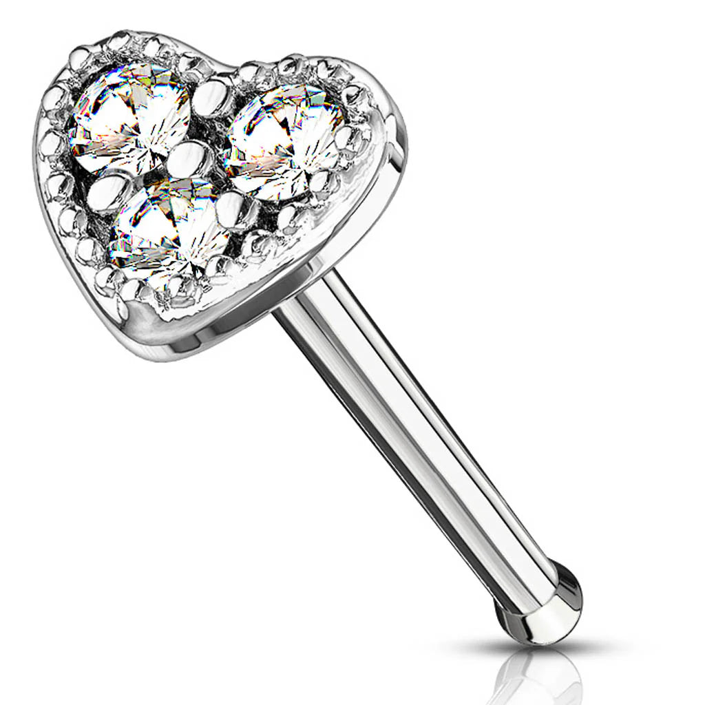 CUTE CRYSTAL FILLED LOVE HEART STRAIGHT PRONG NOSE STUD - 6MM