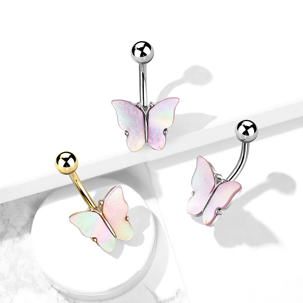 RAINBOW SHELL BUTTERFLY BELLY BAR - 10MM