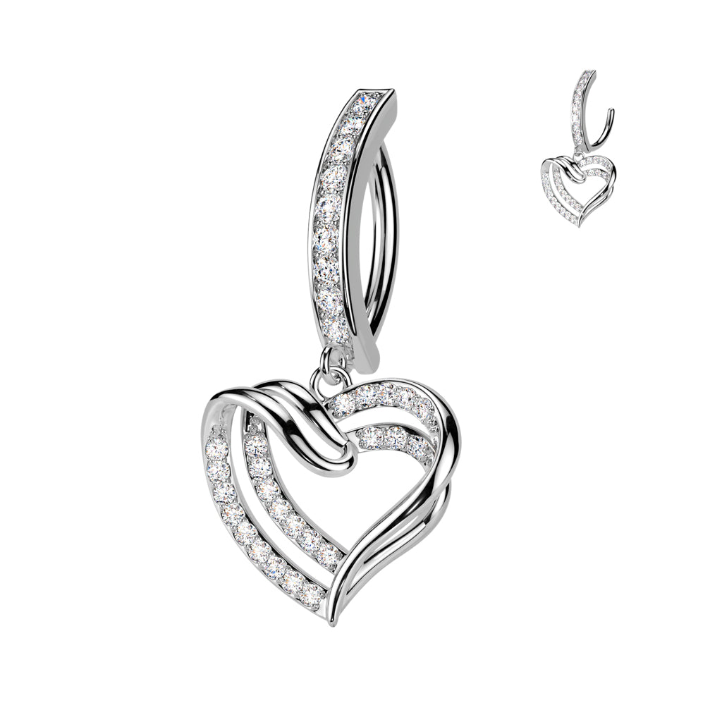 CRYSTAL LINED LOVE HEART CHARM  BELLY RING CLICKER HOOP- 11MM