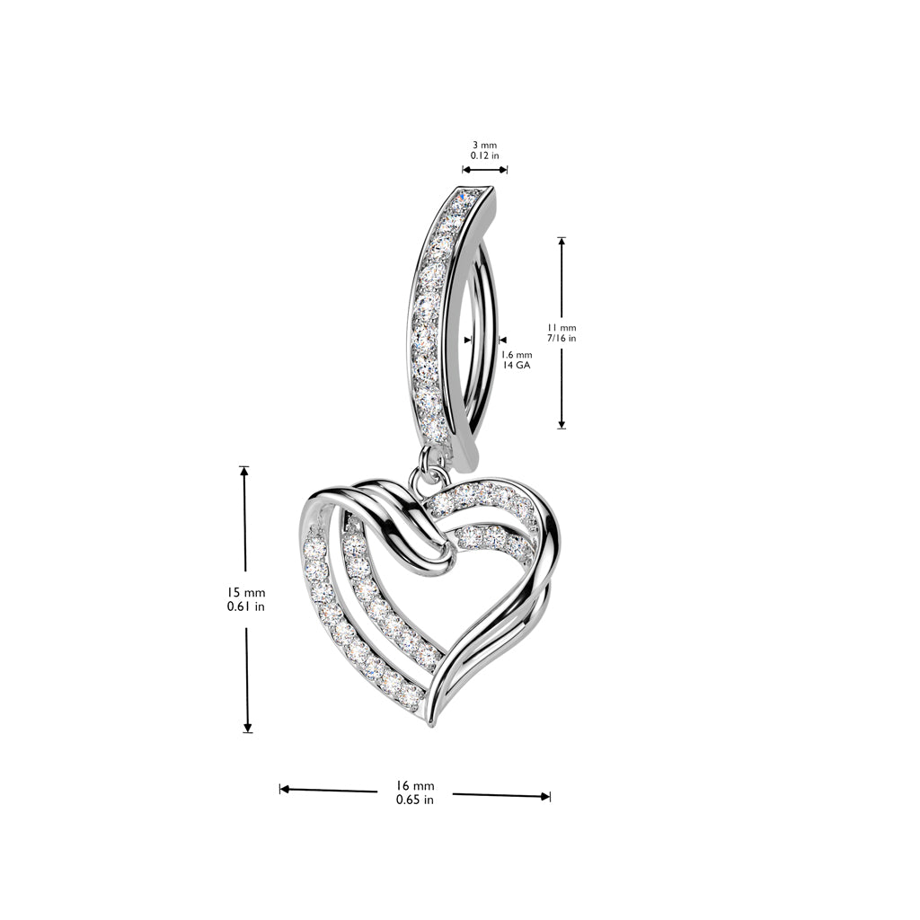 CRYSTAL LINED LOVE HEART CHARM  BELLY RING CLICKER HOOP- 11MM