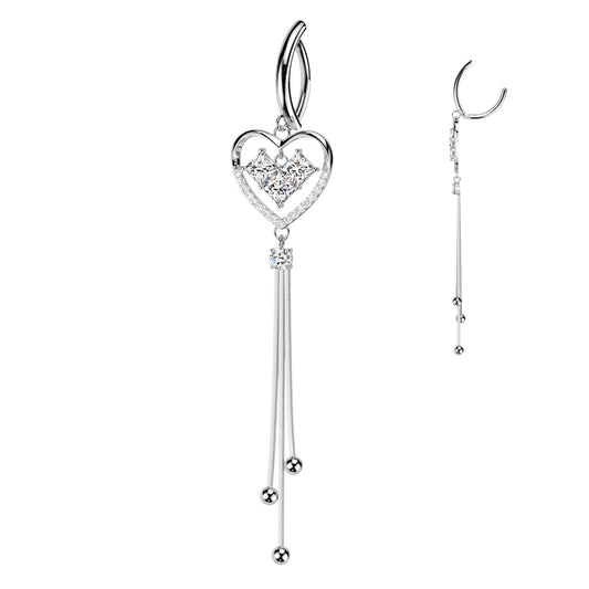 CRYSTAL LOVE HEART DANGLY  CHARM  BELLY RING CLICKER HOOP- 11MM