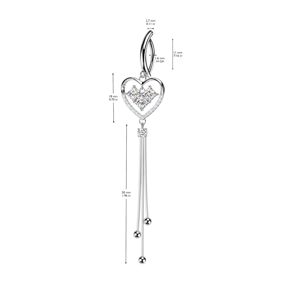 CRYSTAL LOVE HEART DANGLY  CHARM  BELLY RING CLICKER HOOP- 11MM
