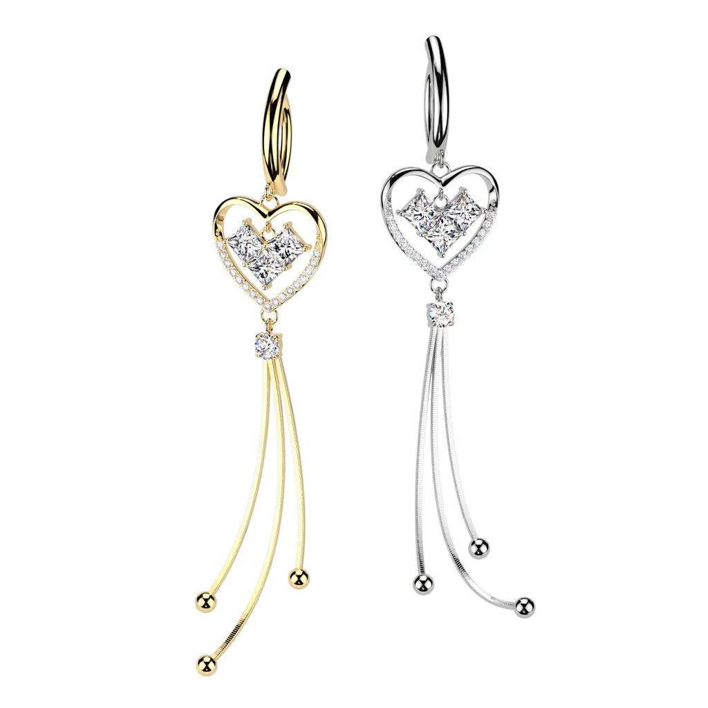 CRYSTAL LOVE HEART DANGLY  CHARM  BELLY RING CLICKER HOOP- 11MM