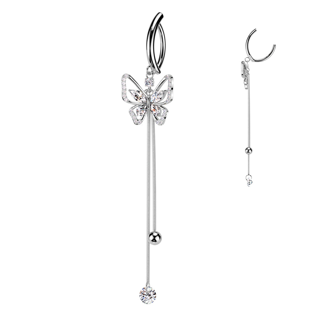 CRYSTAL BUTTERFLY DANGLY CHARM  BELLY RING CLICKER HOOP- 11MM