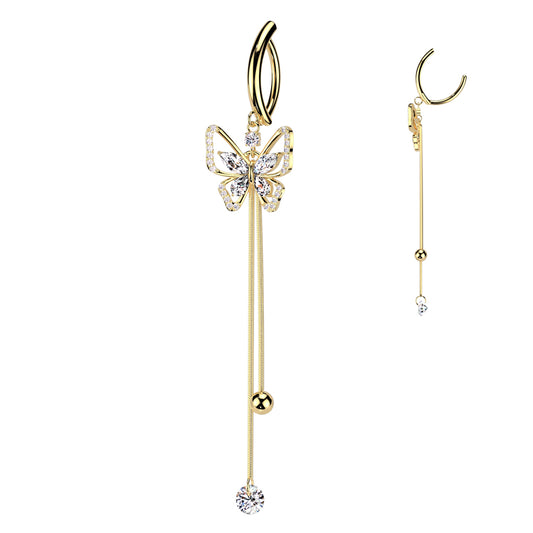 CRYSTAL BUTTERFLY DANGLY CHARM  BELLY RING CLICKER HOOP- 11MM