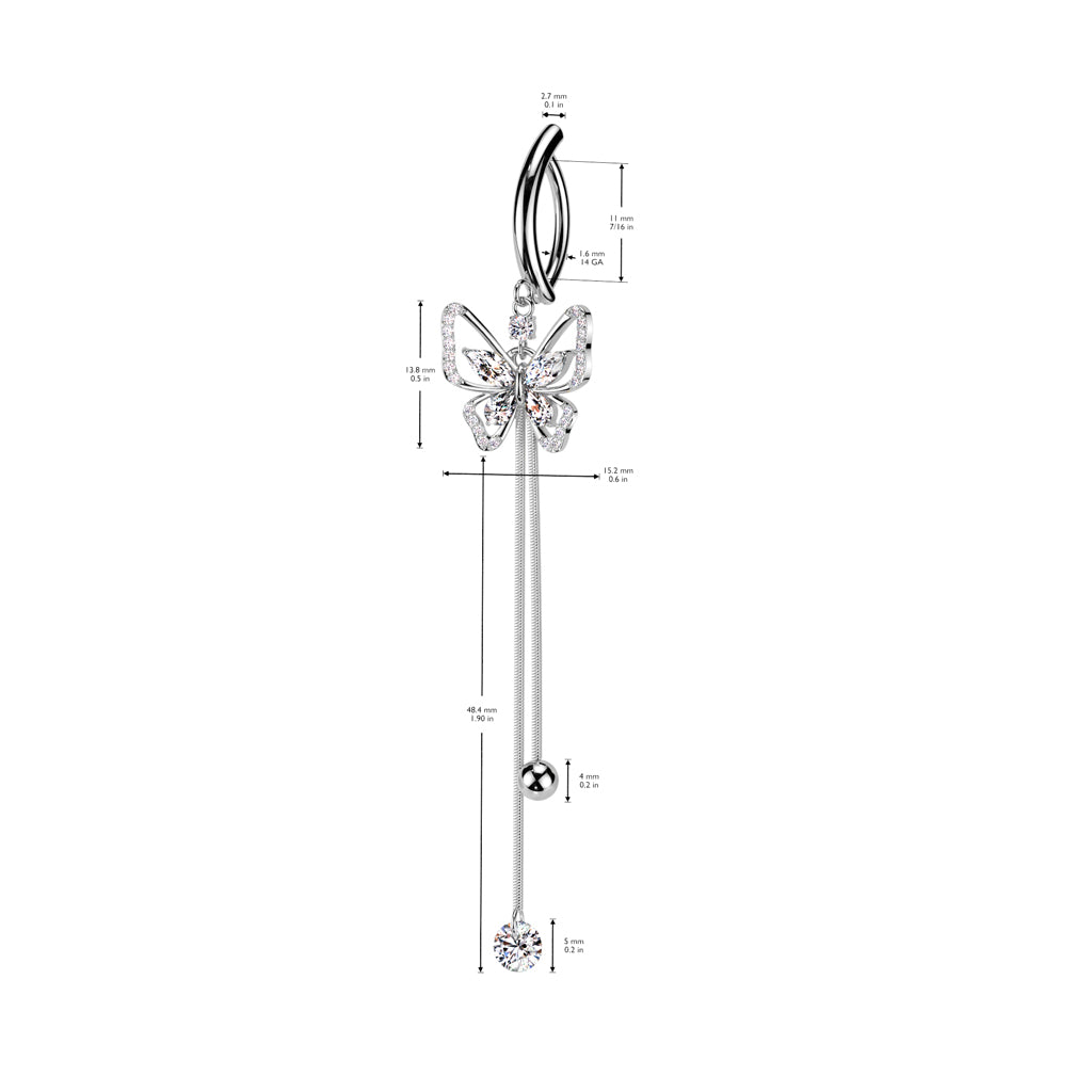 CRYSTAL BUTTERFLY DANGLY CHARM  BELLY RING CLICKER HOOP- 11MM