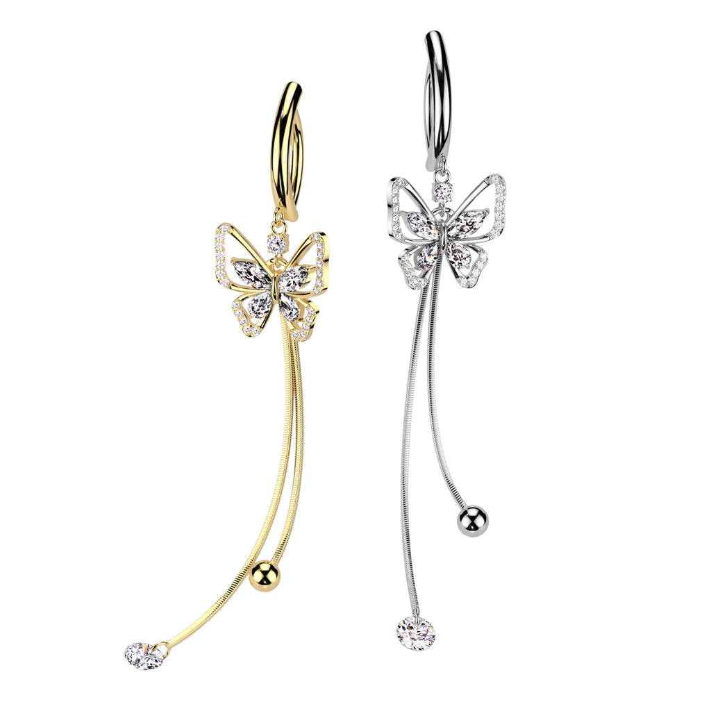 CRYSTAL BUTTERFLY DANGLY CHARM  BELLY RING CLICKER HOOP- 11MM