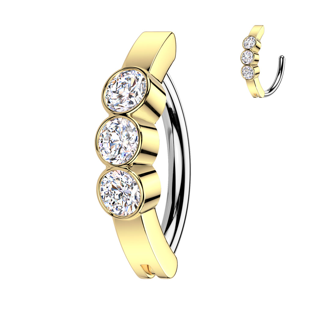 TRIPLE CRYSTAL CENTRE BELLY RING CLICKER HOOP- 11MM