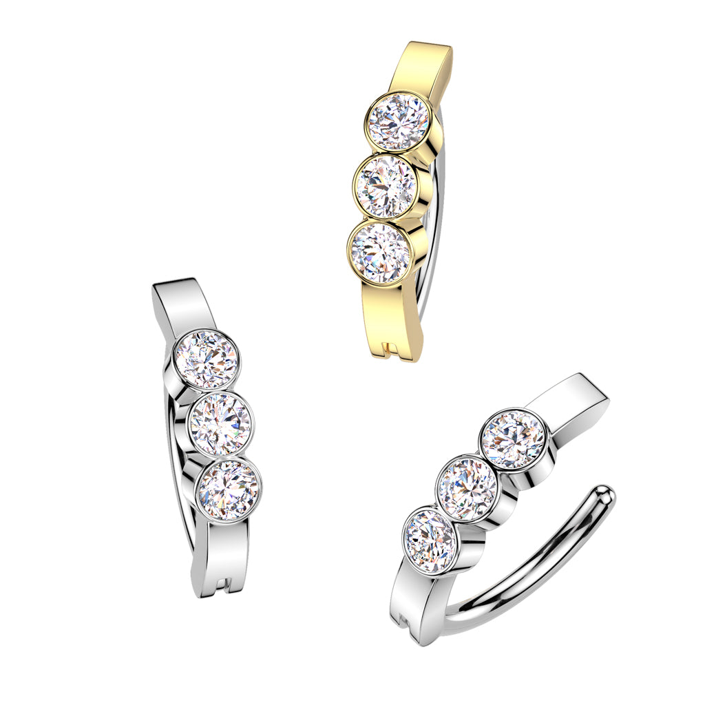 TRIPLE CRYSTAL CENTRE BELLY RING CLICKER HOOP- 11MM