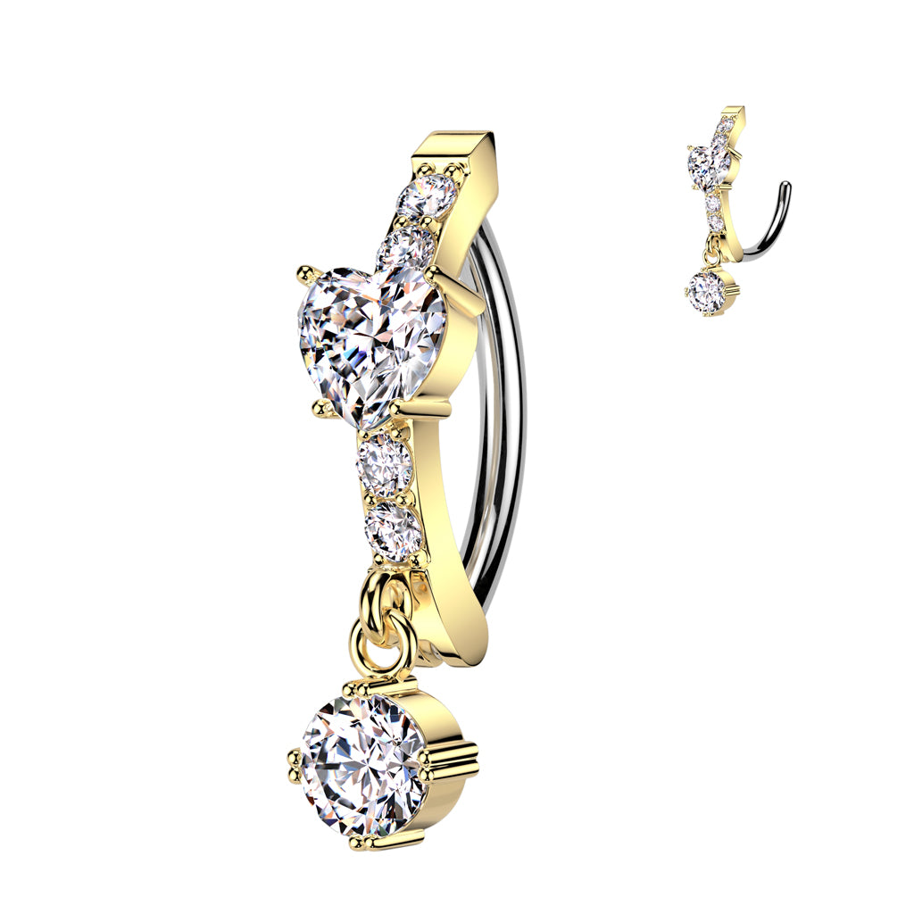 CRYSTAL LOVE HEART DANGLY CHARM BELLY RING CLICKER HOOP- 11MM