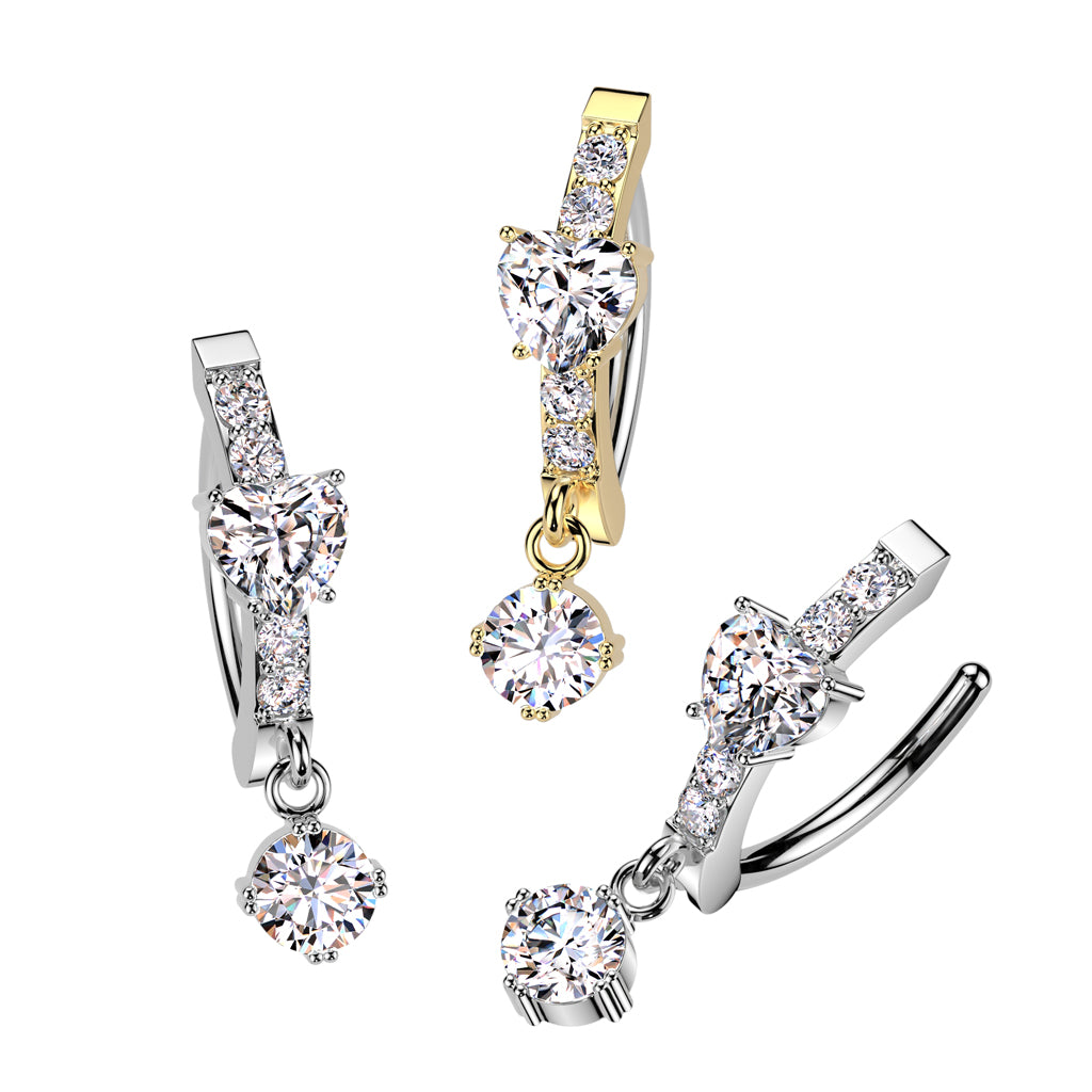 CRYSTAL LOVE HEART DANGLY CHARM BELLY RING CLICKER HOOP- 11MM