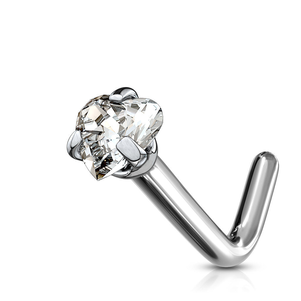TITANIUM DAINTY CRYSTAL HEART L BEND NOSE STUD - 20 GAUGE