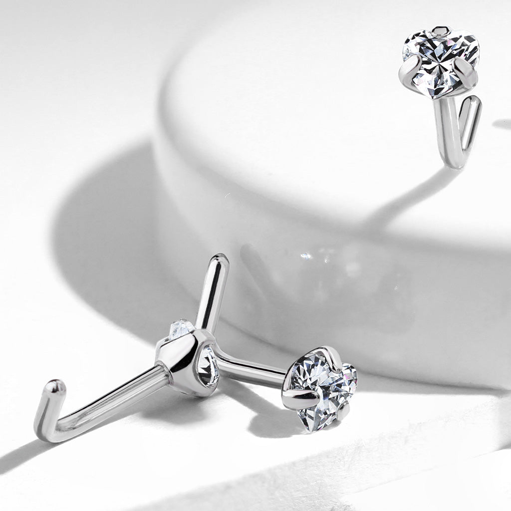TITANIUM DAINTY CRYSTAL HEART L BEND NOSE STUD - 20 GAUGE