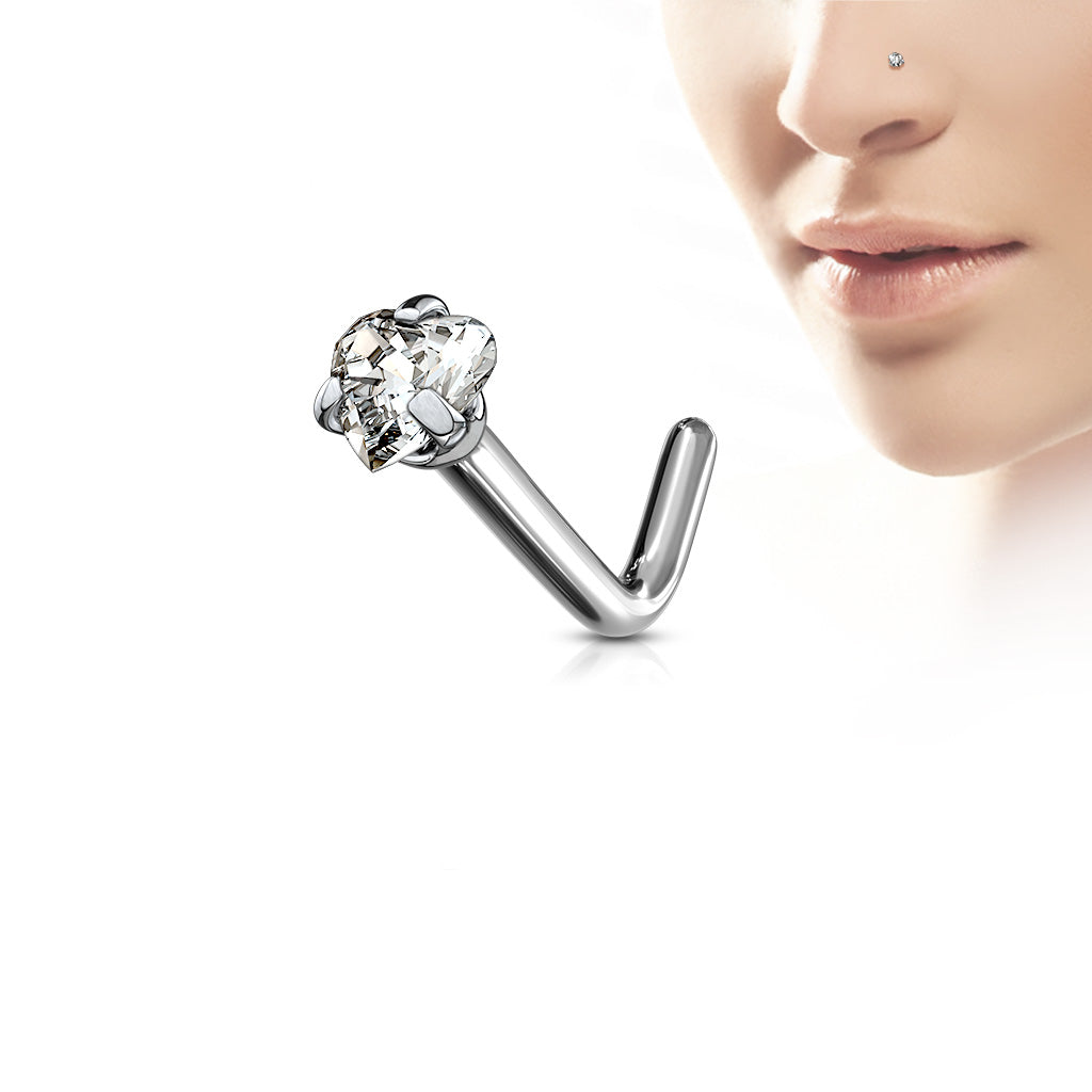 TITANIUM DAINTY CRYSTAL HEART L BEND NOSE STUD - 20 GAUGE
