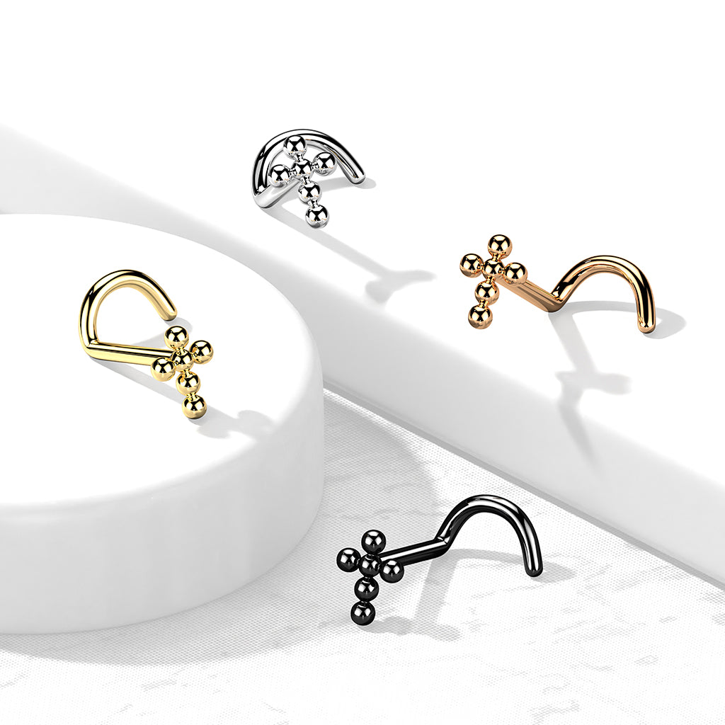TITANIUM BEADED CROSS L BEND NOSE STUD - 20 GAUGE