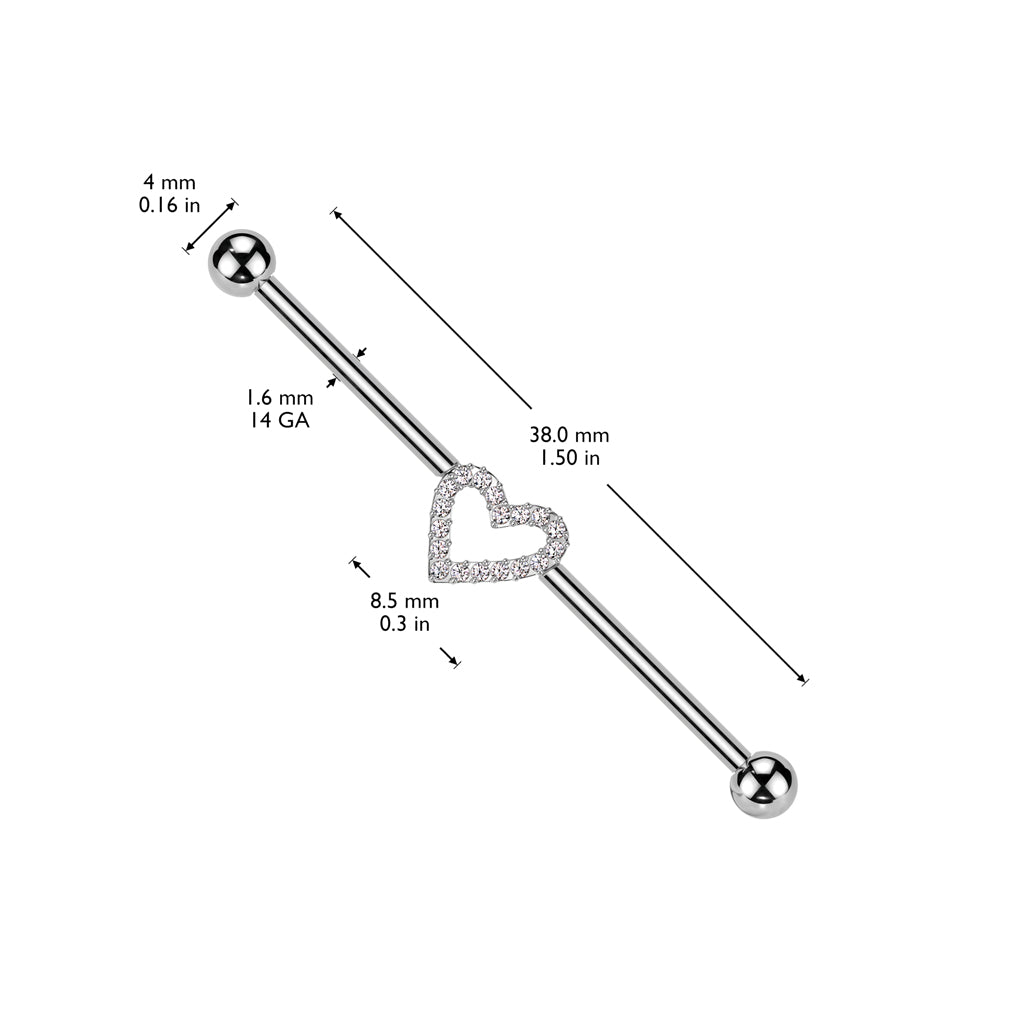 TITANIUM CRYSTAL LOVE HEART INDUSTRIAL BARBELL - 38MM