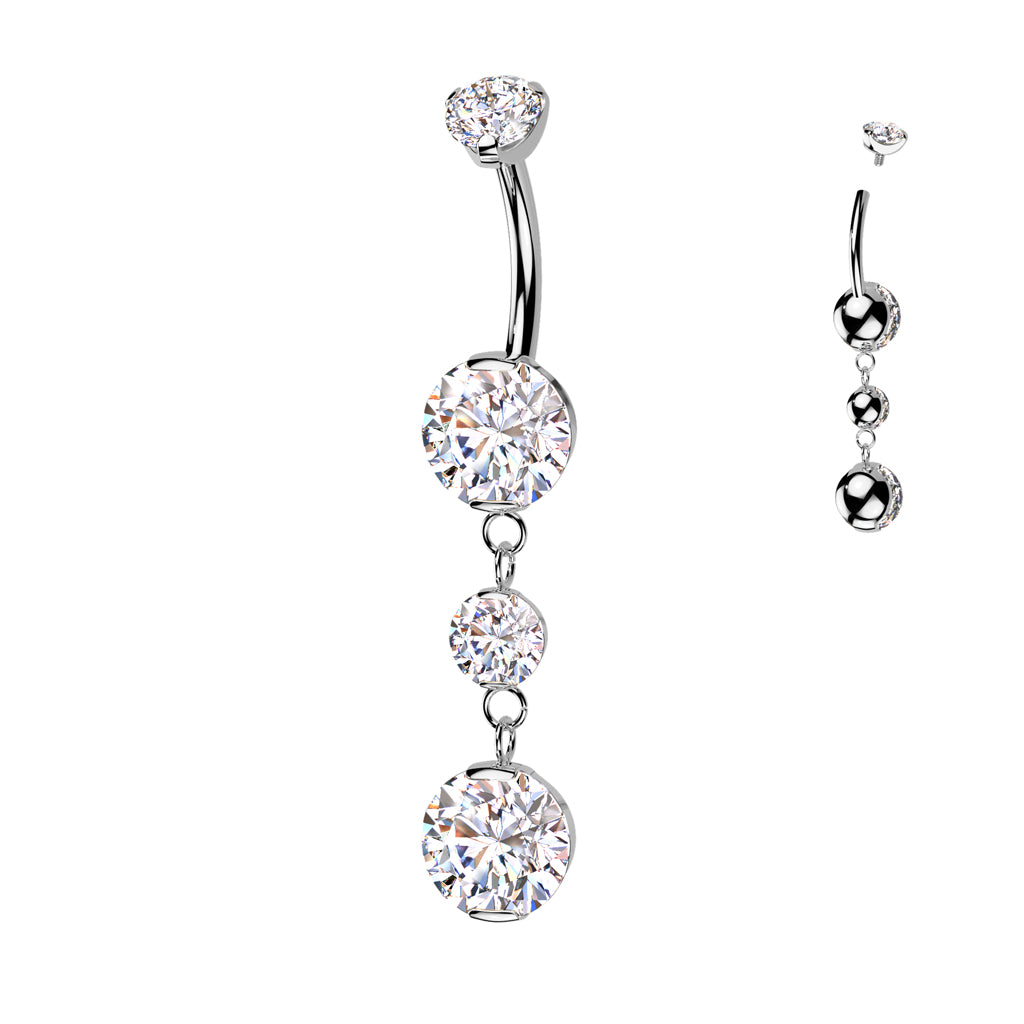 TITANIUM TRIPLE CRYSTAL CHARM DANGLY BELLY BARBELL - 10MM - 14 GAUGE