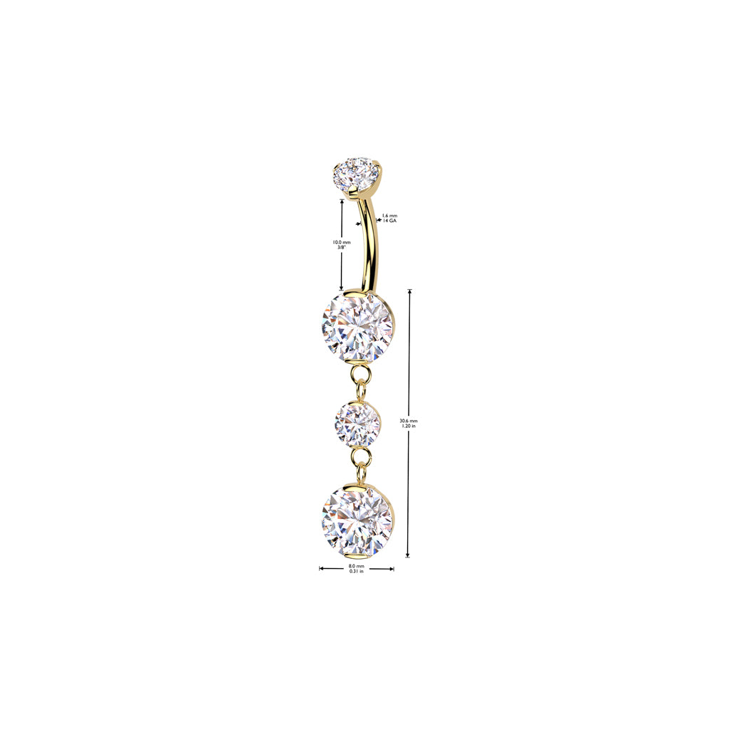 TITANIUM TRIPLE CRYSTAL CHARM DANGLY BELLY BARBELL - 10MM - 14 GAUGE