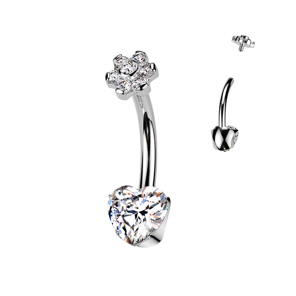 TITANIUM CRYSTAL BLOSSOM FLOWER & LOVE HEART BELLY BARBELL - 14 GAUGE - 10MM