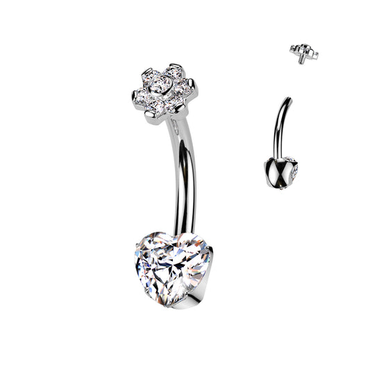TITANIUM CRYSTAL BLOSSOM FLOWER & LOVE HEART BELLY BARBELL - 14 GAUGE - 10MM