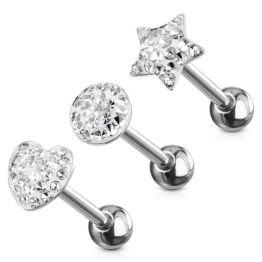 MULTIPACK OF 3 SMOOTH FLAT TOP CRYSTAL TONGUE BARBELLS - 16MM