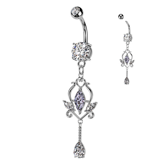 CRYSTAL TEARDROP CHARM BELLY BARBELL - 10MM