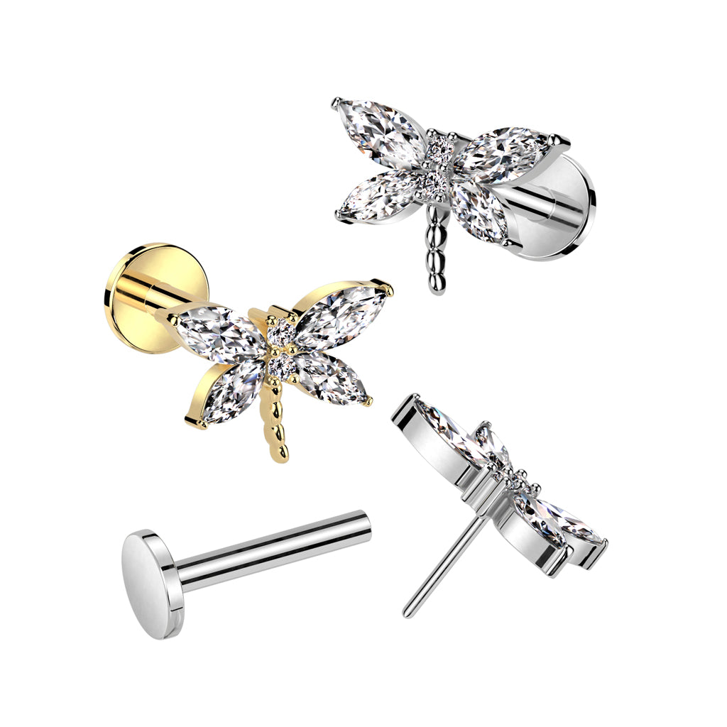 CRYSTAL DRAGONFLY FLAT BACK LABRET - 8MM THREADLESS - 16 GAUGE