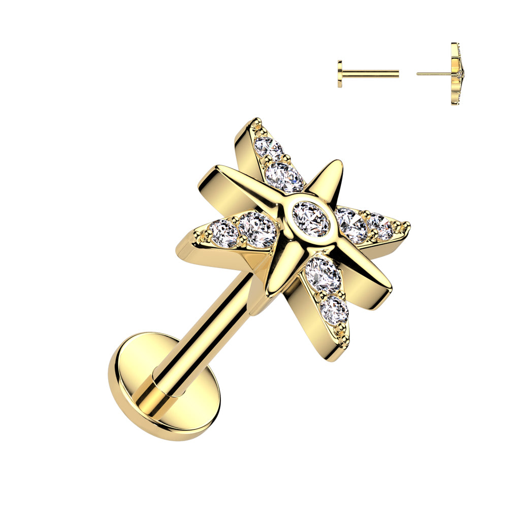 CRYSTAL NORTHERN STAR FLAT BACK LABRET - THREADLESS - 8MM - 16 GAUGE