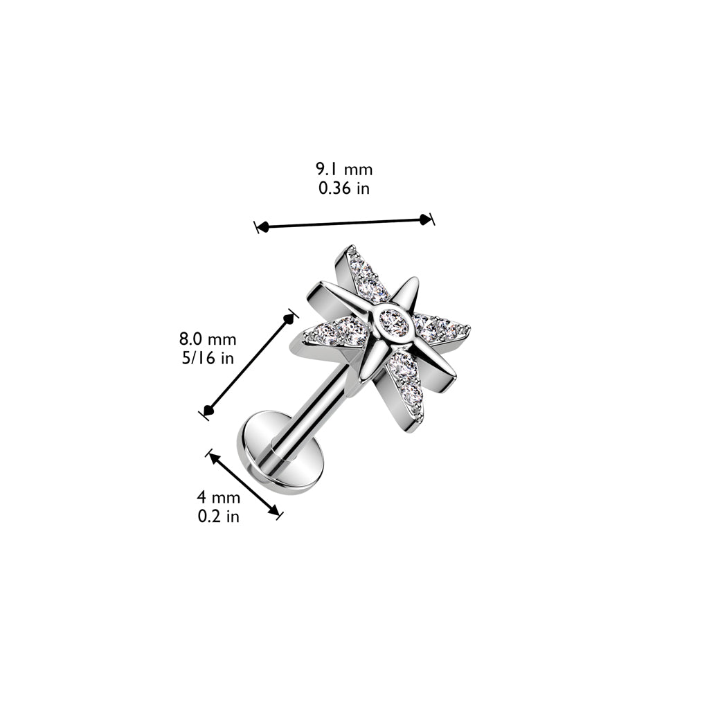 CRYSTAL NORTHERN STAR FLAT BACK LABRET - THREADLESS - 8MM - 16 GAUGE