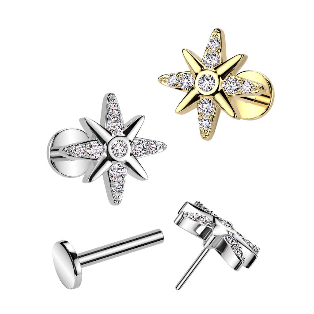 CRYSTAL NORTHERN STAR FLAT BACK LABRET - THREADLESS - 8MM - 16 GAUGE