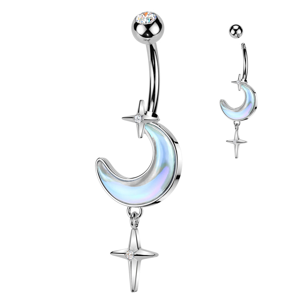 AURORA CRESCENT MOON & STAR DANGLY BELLY BAR - 10MM