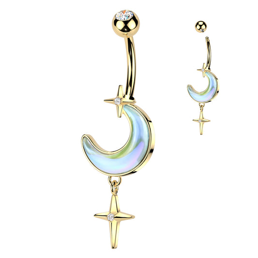 AURORA CRESCENT MOON & STAR DANGLY BELLY BAR - 10MM