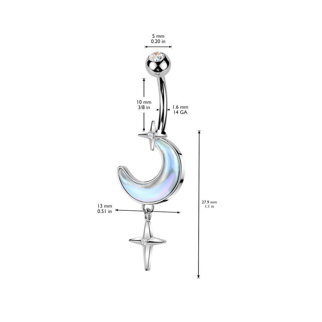 AURORA CRESCENT MOON & STAR DANGLY BELLY BAR - 10MM