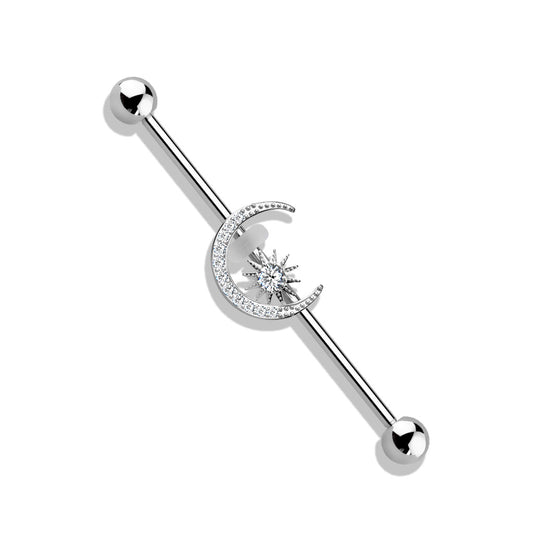 SPARKLE CRYSTAL MOON & STAR INDUSTRIAL BARBELL - 38MM