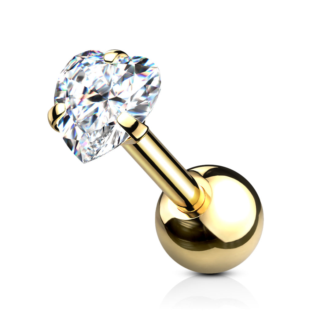 CRYSTAL HEART CUBIC ZIRCONIA BARBELL - 6MM - 16 GAUGE