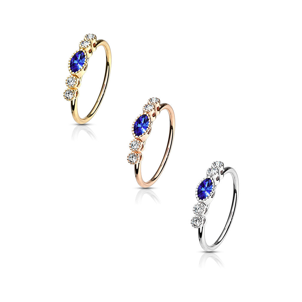 SAPPHIRE TEARDROP CRYSTAL LINED BENDABLE NOSE RING HOOP - 20 GAUGE - 8MM