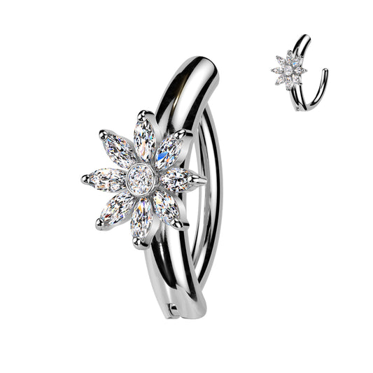 CRYSTAL FLOWER CENTRE ON PLAIN BAND BELLY HOOP CLICKER RING - 11MM -14 GAUGE