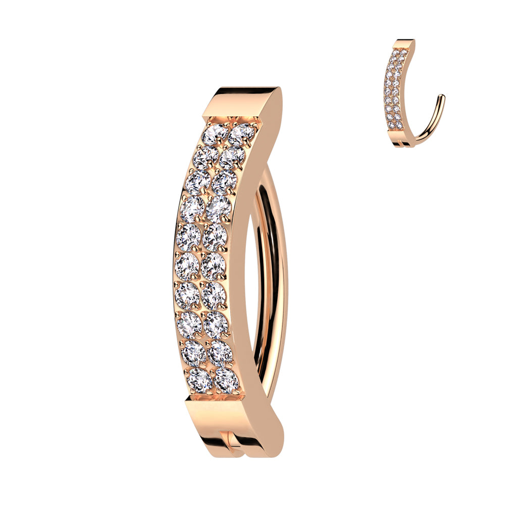 TITANIUM ROSE GOLD  DOUBLE CRYSTAL LINED CLICKER BELLY HOOP BARBELL - 10MM
