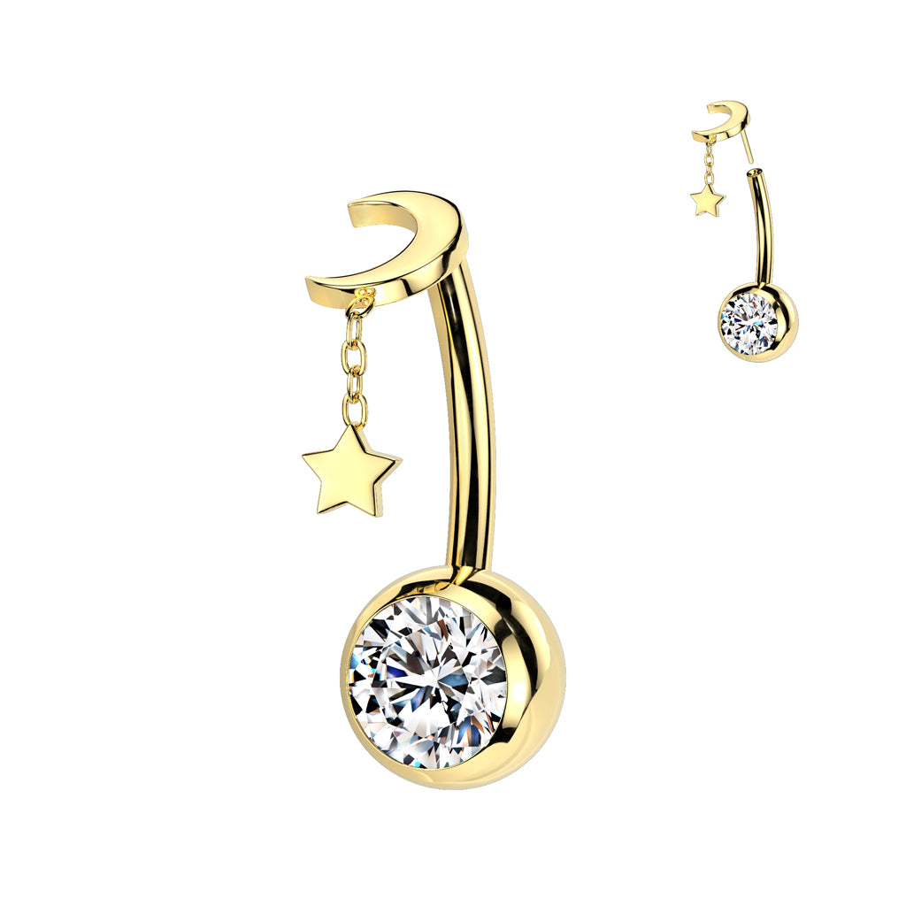 TITANIUM DANGLY MOON CHARM THREADLESS BELLY BAR - 10MM - 14 GAUGE