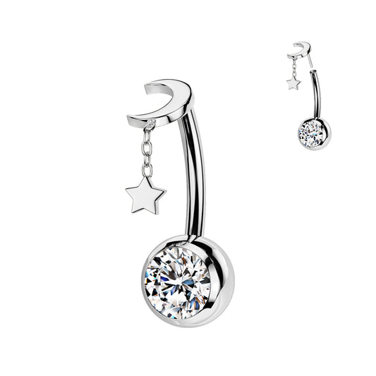 TITANIUM DANGLY MOON CHARM THREADLESS BELLY BAR - 10MM - 14 GAUGE