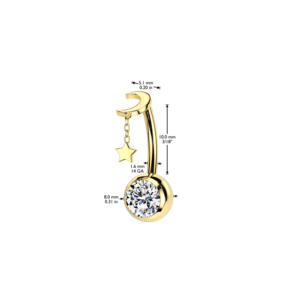 TITANIUM DANGLY MOON CHARM THREADLESS BELLY BAR - 10MM - 14 GAUGE